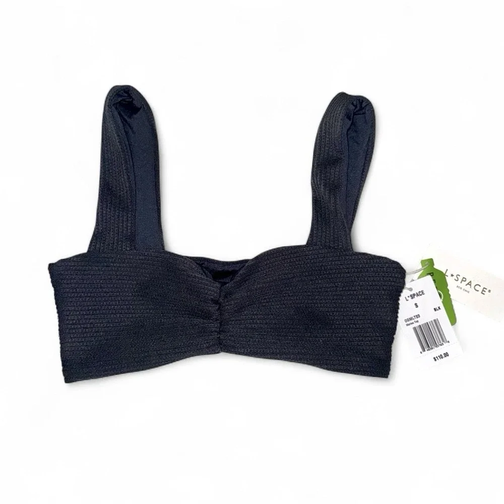NWT L*Space Marlee Bikini Top Small Black $110 Ruched Ribbed Eco Chic Swim USA